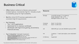 Resources
Storage Local SSD storage (1-2 ms latency)
Single database: 5 GB – 4 TB
Managed Instance: 32 GB - 4 TB
Compute
(vCores)
Gen4: 1 to 24 vCore
Gen5: 1 to 80 vCore
I/O 5000 IOPS per core with 200,000 maximum IOPS
HA 3 replicas + 1 read-scale replica, zone-redundant
HA
In-Memory Supported
 