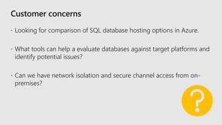 Customer concerns
 Looking for comparison of SQL database hosting options in Azure.
 What tools can help a evaluate databases against target platforms and
identify potential issues?
 Can we have network isolation and secure channel access from on-
premises?
 