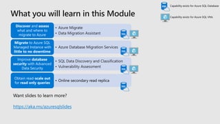 • Azure Migrate
• Data Migration Assistant
Discover and assess
what and where to
migrate to Azure
• Azure Database Migration Services
Migrate to Azure SQL
Managed Instance with
little to no downtime
• SQL Data Discovery and Classification
• Vulnerability Assessment
Improve database
security with Advanced
Data Security
• Online secondary read replica
Obtain read-scale out
for read only queries
https://aka.ms/azuresqlslides
 