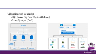 #netcoreconf
Virtualización de datos:
-SQL Server Big Data Cluster (OnPrem)
-Azure Synapse (PaaS)
 