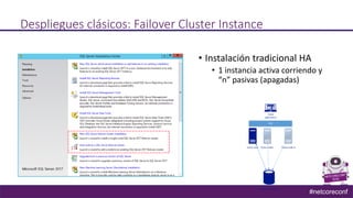#netcoreconf
Despliegues clásicos: Failover Cluster Instance
• Instalación tradicional HA
• 1 instancia activa corriendo y...