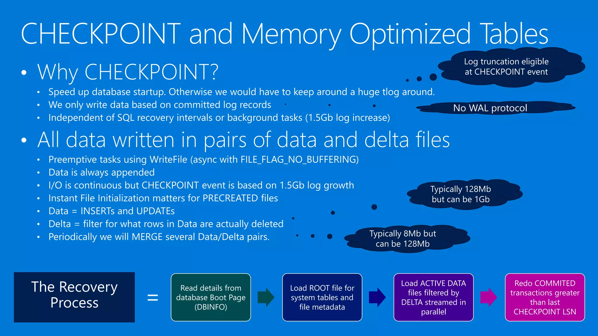 Log truncation eligible at CHECKPOINT event No WAL protocol Typically 128Mb but can be 1Gb Typically 8Mb but can be 128Mb Read details from database Boot Page (DBINFO) Load ROOT file for system tables and file metadata Load ACTIVE DATA files filtered by DELTA streamed in parallel Redo COMMITED transactions greater than last CHECKPOINT LSN 
