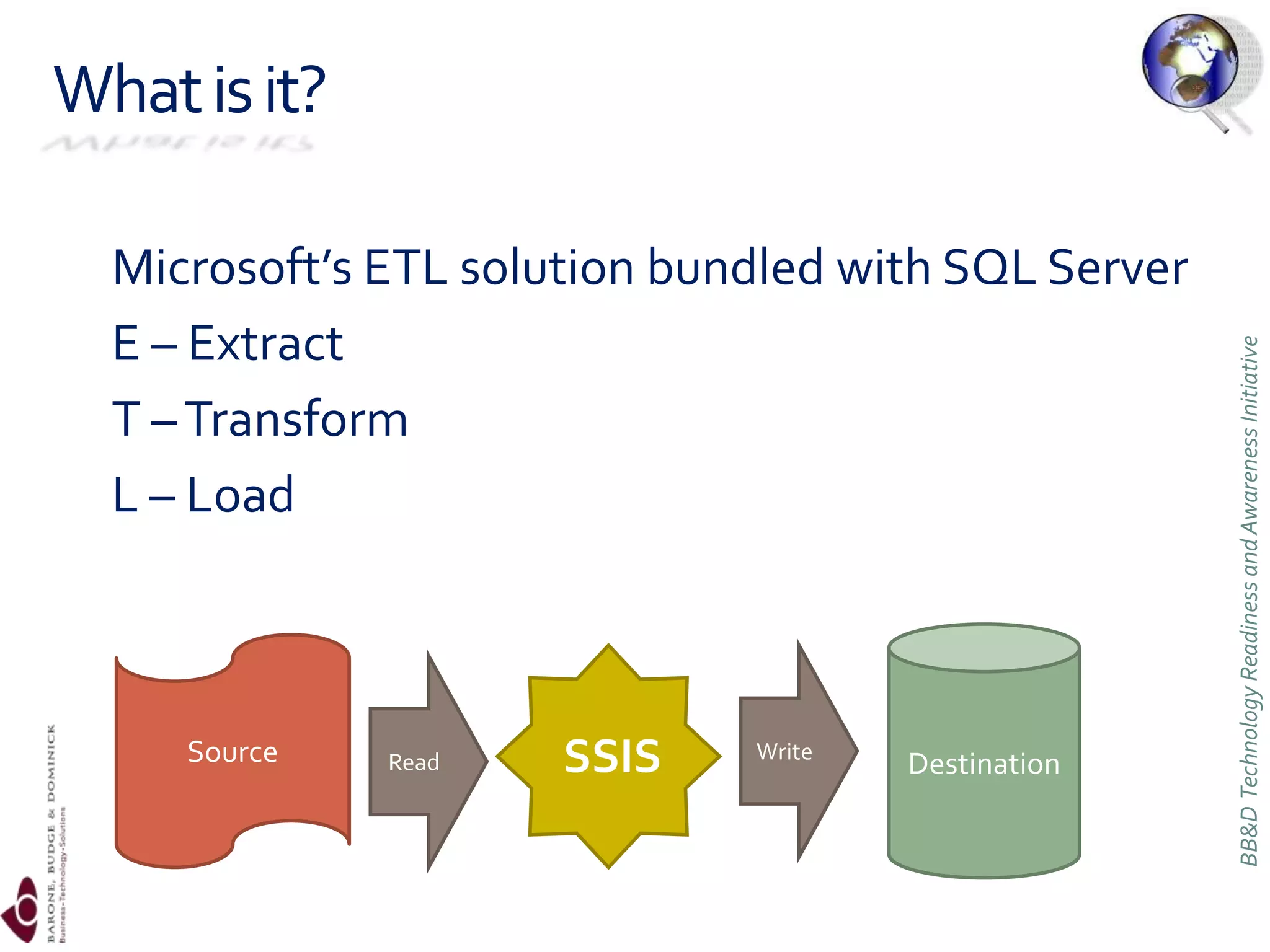 What is it?Microsoft’s ETL solution bundled with SQL ServerE – ExtractT – TransformL – LoadDestinationSourceWriteReadSSIS