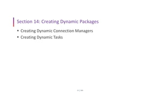 SSIS
25
Section 14: Creating Dynamic Packages
 Creating Dynamic Connection Managers
 Creating Dynamic Tasks
 