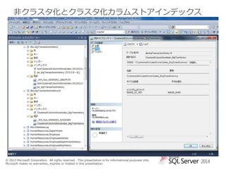 非クラスタ化とクラスタ化カラムストアインデックス

© 2013 Microsoft Corporation. All rights reserved. This presentation is for informational purposes only.
Microsoft makes no warranties, express or implied in this presentation.

2014

 