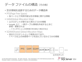 データ ファイルの構造（その他）
• 空き領域を追跡するためのデータ構造体
• PFS(Page Free Space)

• 各ペ－ジ上で利用可能な空き領域に関する情報

• GAM(Global Allocation Map)
• エクステントが割り当て済かどうかの情報
• tempdb 上に、一時テーブル領域を作成するときに
参照・更新される
o トランザクションの同時実行性を損なう場合がある

• SGAM(Shared Global Allocation Map)
• 混合エクステントとして使用されており 、
1 ページ以上の未使用ページを含んでいるかどうかの情報

ﾌｧｲﾙ
ﾍｯﾀﾞｰ

PFS

GAM SGAM DCM BCM

デ－タ
ページ

･･･

エクステント
© 2013 Microsoft Corporation. All rights reserved. This presentation is for informational purposes only.
Microsoft makes no warranties, express or implied in this presentation.

2014

 