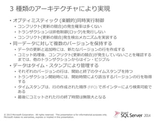 3 種類のアーキテクチャにより実現
• オプティミスティック (楽観的)同時実行制御
• コンフリクト(更新の競合)の発生確率は多くない
• トランザクションは排他制御(ロック)を発行しない
• コンフリクト(更新の競合)発生検出メカニズムを実装する

• 同一データに対して複数のバージョンを保持する
• データの更新と追加時には、新たなバージョンの行を作成する
• コミット処理後、コンフリクト(更新の競合)が発生していないことを確認する
までは、他のトランザクションからはイン・ビジブル

• データはタイム・スタンプにより管理する
• それぞれのバージョンの行は、開始と終了のタイムスタンプを持つ
• トランザクション開始時には、開始時間により該当するバージョンの行を取得
する
• タイムスタンプは、行の作成された順序 (FIFO) でポインターにより検索可能で
ある
• 最後にコミットされた行の終了時間は無限大となる

© 2013 Microsoft Corporation. All rights reserved. This presentation is for informational purposes only.
Microsoft makes no warranties, express or implied in this presentation.

2014

 