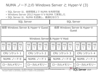 NUMA ノード上の Windows Server と Hyper-V (3)
• SQL Server は、仮想環境上で NUMA を利用可能
• Windows Server 2012 Hyper-V V-NUMA で実現した
• SQL Server は、NUMA を認識し、最適化を行う

SQL Server

SQL Server

仮想 Windows Server & Hyper-V Guest

仮想 Windows Server & Hyper-V
Guest

Windows Server & Hyper-V Host
物理
コア
1

物理
コア
2

物理
コア
3

物理
コア
4

物理
コア
5

物理
コア
6

物理
コア
7

物理
コア
8

物理
コア
1

物理
コア
2

物理
コア
3

物理
コア
4

物理
コア
5

物理
コア
6

物理
コア
7

物理
コア
8

CPU ソケット 1

CPU ソケット 2

CPU ソケット 3

CPU ソケット 4

NUMA ノード 0

NUMA ノード 1

NUMA ノード 0

NUMA ノード 1

ローカルメモリー

ローカルメモリー

ローカルメモリー

ローカルメモリー

© 2013 Microsoft Corporation. All rights reserved. This presentation is for informational purposes only.
Microsoft makes no warranties, express or implied in this presentation.

2014

 