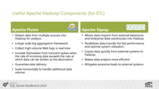 Useful Apache Hadoop Components (for ETL)
Apache Flume

Apache Sqoop

• Stream data from multiple sources into
Hadoop for analysis

• Allows data imports from external datastores
and enterprise data warehouses into Hadoop

• a large scale log aggregation framework

• Parallelizes data transfer for fast performance
and optimal system utilization

• Collect high-volume Web logs in real time
• Insulate themselves from transient spikes when
the rate of incoming data exceeds the rate at
which data can be written to the destination
• Guarantee data delivery
• Scale horizontally to handle additional data
volume

• Copies data quickly from external systems to
Hadoop
• Makes data analysis more efficient
• Mitigates excessive loads to external systems

 