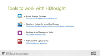 Tools to work with HDInsight
• Azure Storage Explorer

http://azurestorageexplorer.codeplex.com/

• CloudBerry Explorer for Azure Cloud Storage
http://www.cloudberrylab.com/free-microsoft-azure-explorer.aspx
• Cerebrata Azure Management Studio
http://www.cerebrata.com/

• Red Gate HDFS Explorer (beta)
http://bigdata.red-gate.com/

 