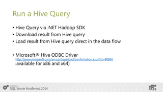 Run a Hive Query
• Hive Query via .NET Hadoop SDK
• Download result from Hive query
• Load result from Hive query direct in the data flow
• Microsoft® Hive ODBC Driver

http://www.microsoft.com/en-us/download/confirmation.aspx?id=40886
(available

for x86 and x64)

 