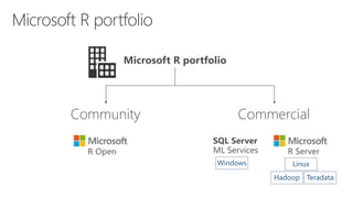 SQL Server
ML Services
Linux
Hadoop Teradata
Windows
CommercialCommunity
R ServerR Open
 