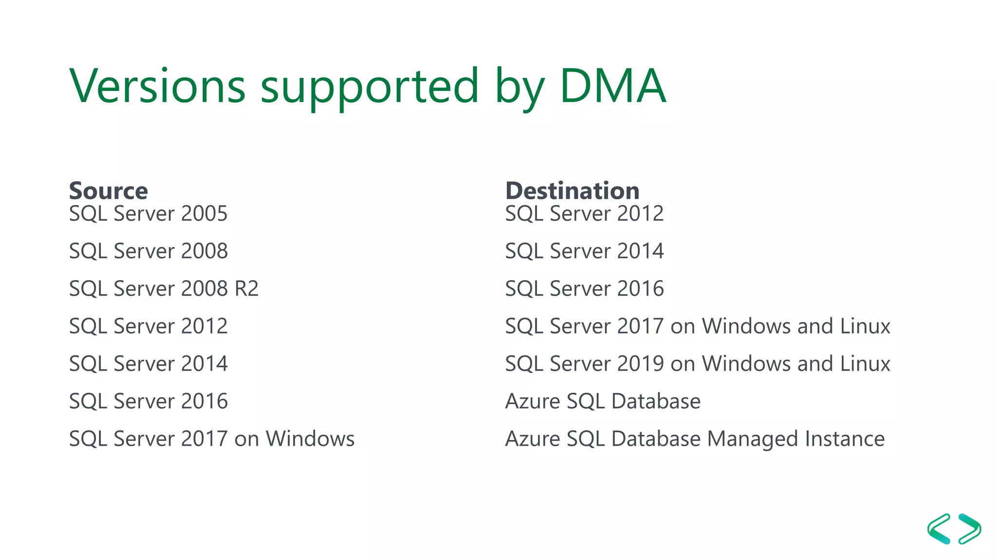 Versions supported by DMA
Source
SQL Server 2005
SQL Server 2008
SQL Server 2008 R2
SQL Server 2012
SQL Server 2014
SQL Server 2016
SQL Server 2017 on Windows
Destination
SQL Server 2012
SQL Server 2014
SQL Server 2016
SQL Server 2017 on Windows and Linux
SQL Server 2019 on Windows and Linux
Azure SQL Database
Azure SQL Database Managed Instance
 
