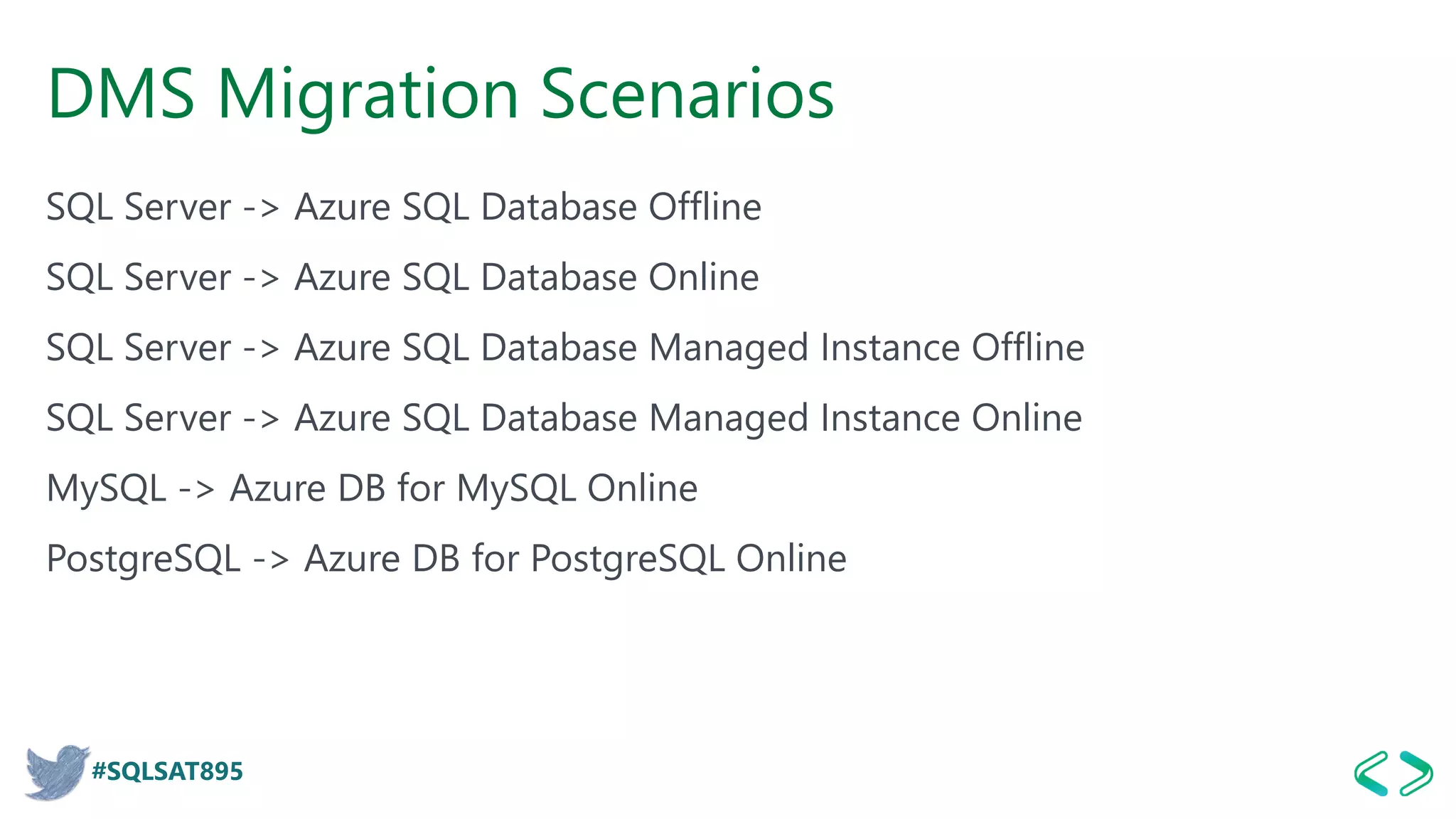 #SQLSAT895
DMS Migration Scenarios
SQL Server -> Azure SQL Database Offline
SQL Server -> Azure SQL Database Online
SQL Server -> Azure SQL Database Managed Instance Offline
SQL Server -> Azure SQL Database Managed Instance Online
MySQL -> Azure DB for MySQL Online
PostgreSQL -> Azure DB for PostgreSQL Online
 