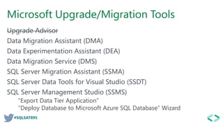 #SQLSAT895
Microsoft Upgrade/Migration Tools
Upgrade Advisor
Data Migration Assistant (DMA)
Data Experimentation Assistant (DEA)
Data Migration Service (DMS)
SQL Server Migration Assistant (SSMA)
SQL Server Data Tools for Visual Studio (SSDT)
SQL Server Management Studio (SSMS)
“Export Data Tier Application”
“Deploy Database to Microsoft Azure SQL Database” Wizard
 