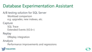 #SQLSAT895
Database Experimentation Assistant
A/B testing solution for SQL Server
Workload comparison
e.g. upgrades, new indexes, etc.
Capture
SQL Trace
Extended Events (V2.6+)
Replay
DReplay integration
Analysis
Performance improvements and regressions
 