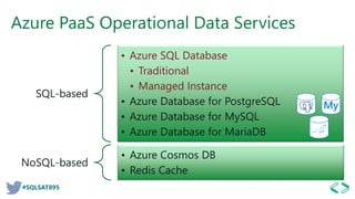 #SQLSAT895
Azure PaaS Operational Data Services
SQL-based
• Azure SQL Database
• Traditional
• Managed Instance
• Azure Database for PostgreSQL
• Azure Database for MySQL
• Azure Database for MariaDB
NoSQL-based
• Azure Cosmos DB
• Redis Cache
My
 