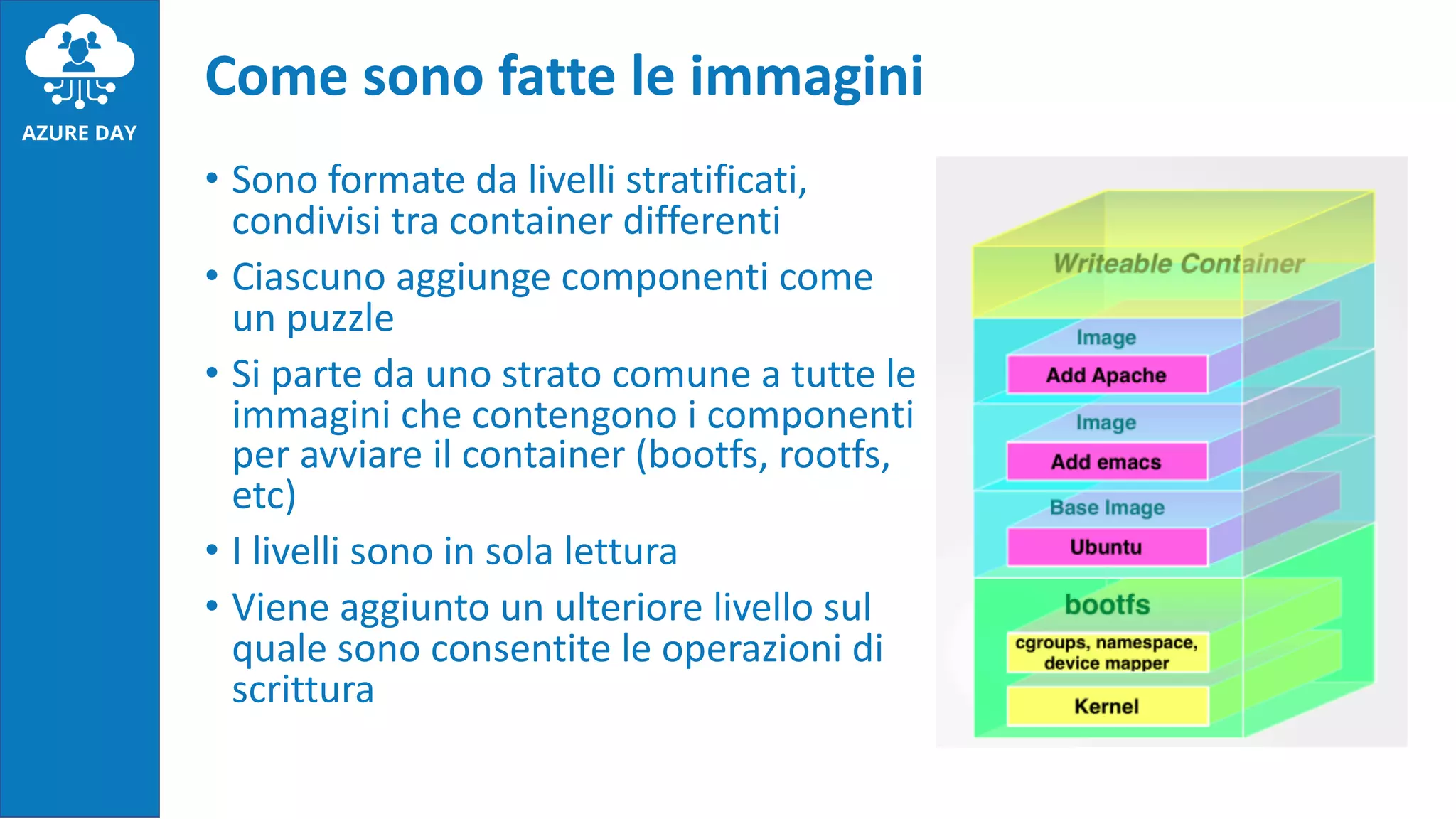 • Sono formate da livelli stratificati,
condivisi tra container differenti
• Ciascuno aggiunge componenti come
un puzzle
• Si parte da uno strato comune a tutte le
immagini che contengono i componenti
per avviare il container (bootfs, rootfs,
etc)
• I livelli sono in sola lettura
• Viene aggiunto un ulteriore livello sul
quale sono consentite le operazioni di
scrittura
Come sono fatte le immagini
 