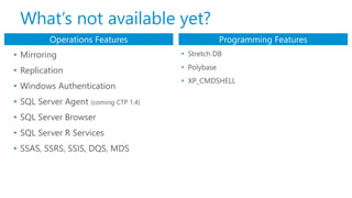 • Mirroring
• Replication
• Windows Authentication
• SQL Server Agent (coming CTP 1.4)
• SQL Server Browser
• SQL Server R Services
• SSAS, SSRS, SSIS, DQS, MDS
Operations Features Programming Features
• Stretch DB
• Polybase
• XP_CMDSHELL
What’s not available yet?
 