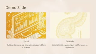 Demo Slide
QR Code
Visual
Dashboard showing real-time sales data queried from
SQL Server.
Links to GitHub repos or Azure trial for hands-on
exploration.
 