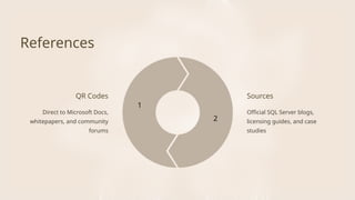 Sources
Official SQL Server blogs,
licensing guides, and case
studies
References
Direct to Microsoft Docs,
whitepapers, and community
forums
QR Codes
1
2
 