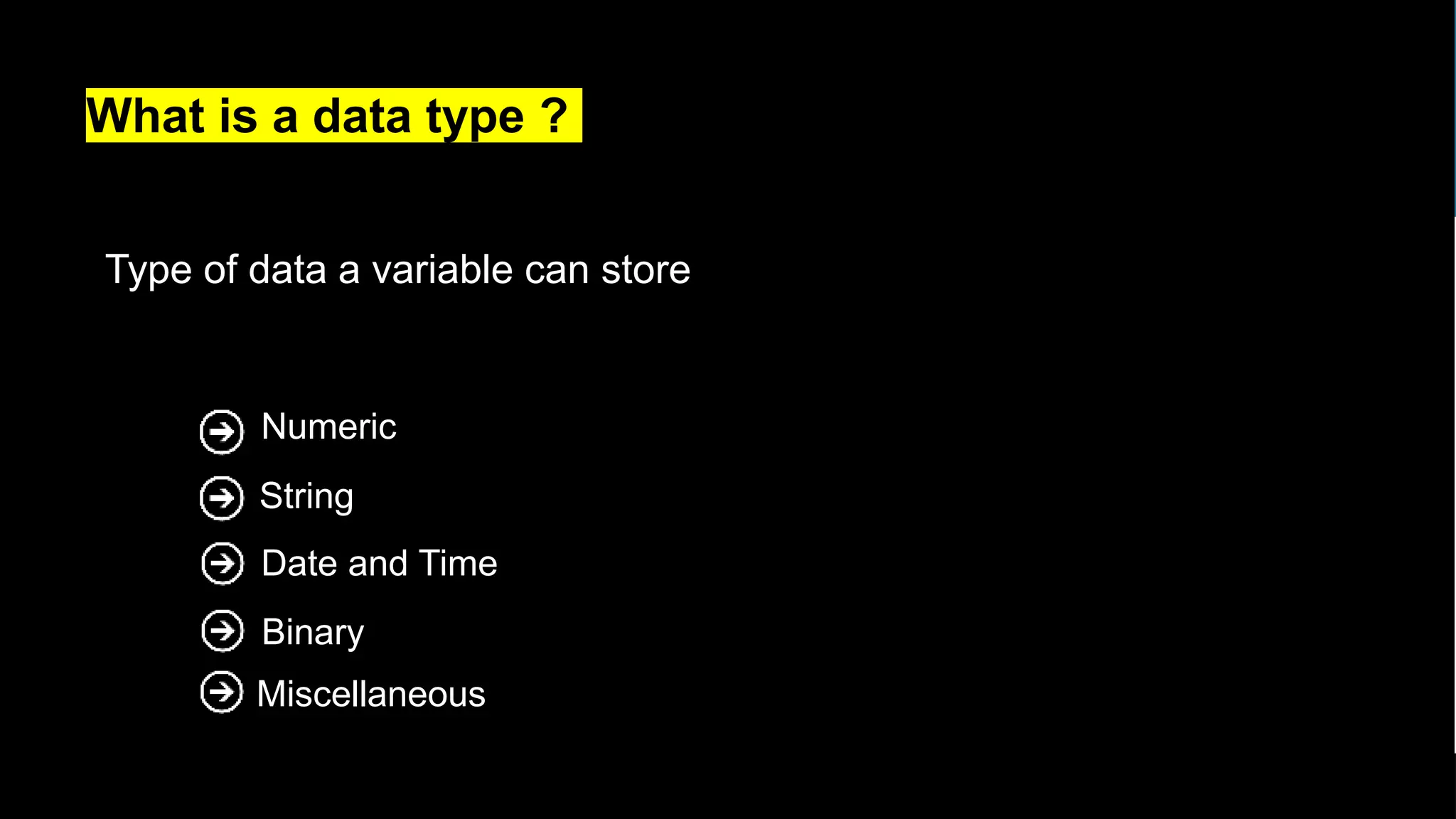 What is a data type ?
Numeric
String
Date and Time
Binary
Miscellaneous
Type of data a variable can store
 