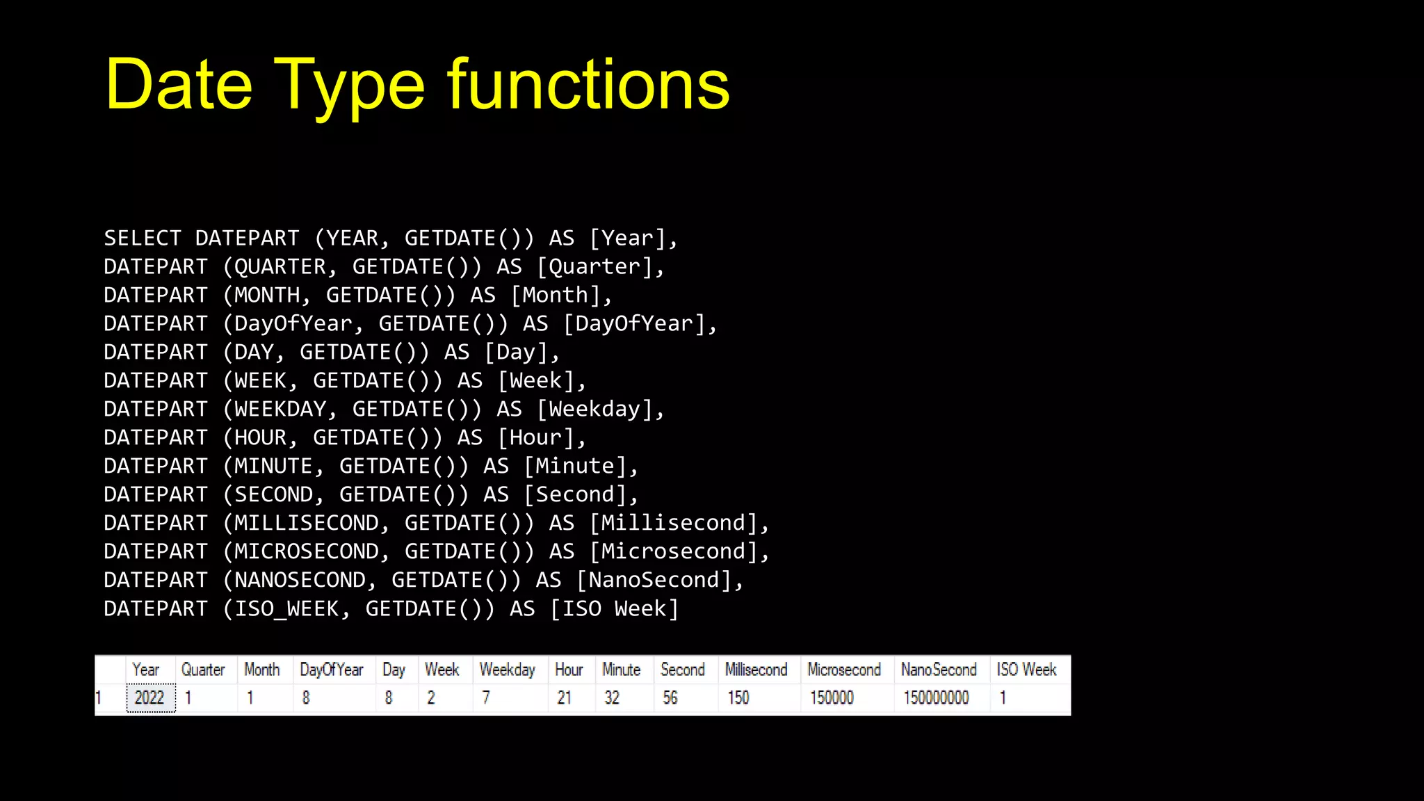 Date Type functions
SELECT DATEPART (YEAR, GETDATE()) AS [Year],
DATEPART (QUARTER, GETDATE()) AS [Quarter],
DATEPART (MONTH, GETDATE()) AS [Month],
DATEPART (DayOfYear, GETDATE()) AS [DayOfYear],
DATEPART (DAY, GETDATE()) AS [Day],
DATEPART (WEEK, GETDATE()) AS [Week],
DATEPART (WEEKDAY, GETDATE()) AS [Weekday],
DATEPART (HOUR, GETDATE()) AS [Hour],
DATEPART (MINUTE, GETDATE()) AS [Minute],
DATEPART (SECOND, GETDATE()) AS [Second],
DATEPART (MILLISECOND, GETDATE()) AS [Millisecond],
DATEPART (MICROSECOND, GETDATE()) AS [Microsecond],
DATEPART (NANOSECOND, GETDATE()) AS [NanoSecond],
DATEPART (ISO_WEEK, GETDATE()) AS [ISO Week]
 