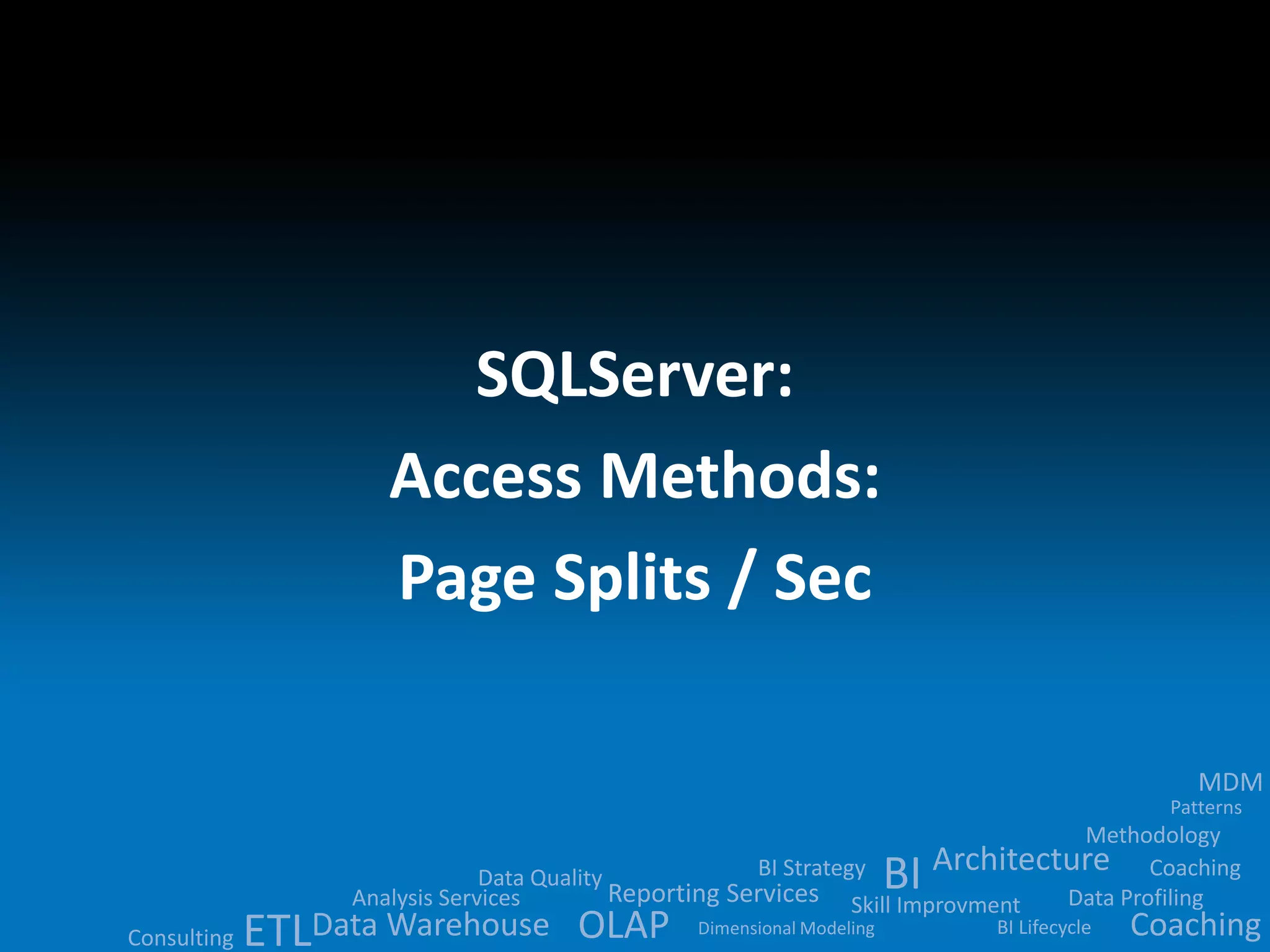 Data Quality 
BI 
Analysis Services Reporting Services ETLData Warehouse OLAP 
MDM 
Methodology 
Architecture 
BI Strategy 
Skill Improvment Data Profiling 
BI Lifecycle 
Dimensional Modeling 
Patterns 
Consulting 
Coaching 
Coaching 
SQLServer: 
Access Methods: 
Page Splits / Sec 
 