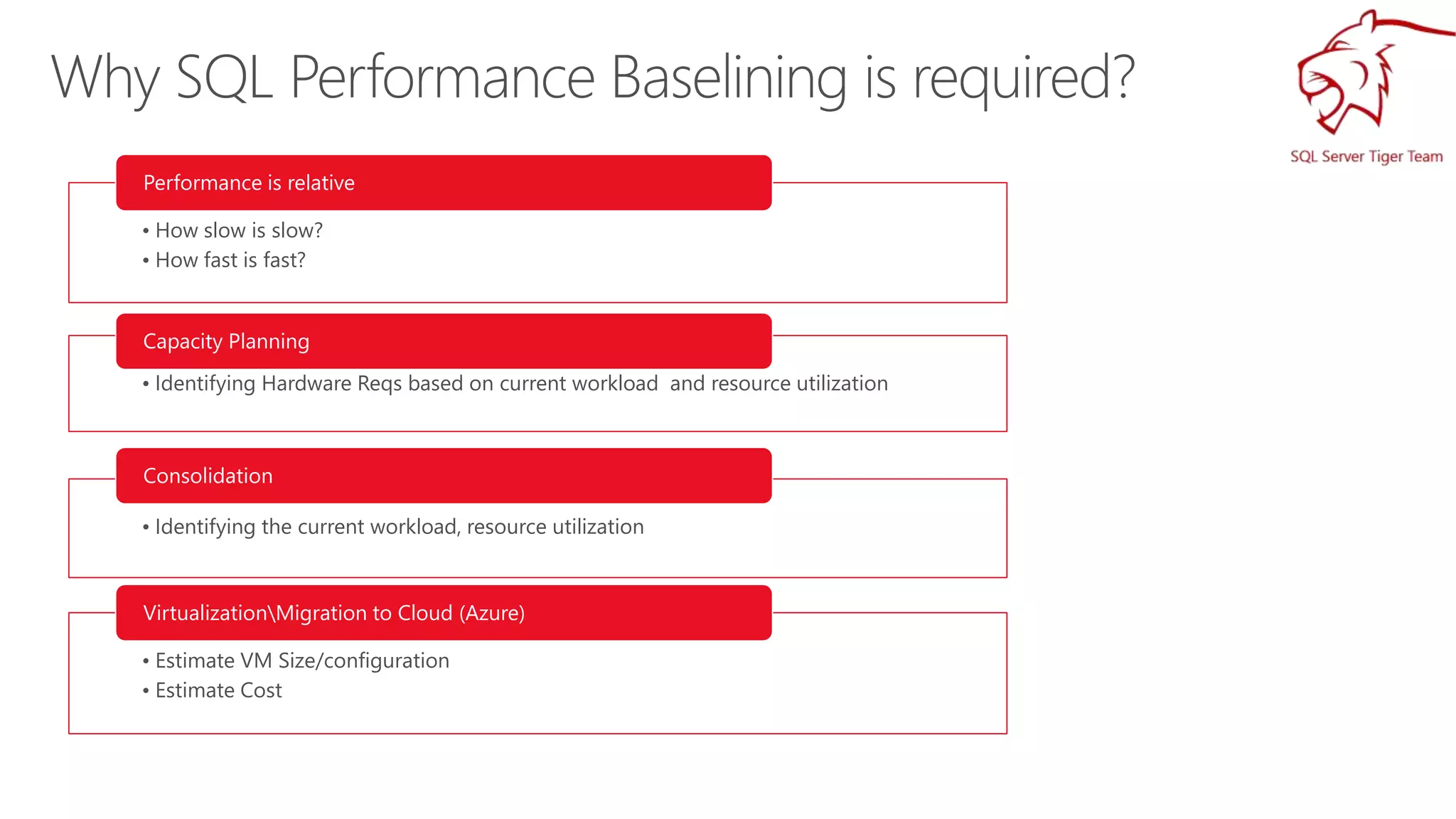 • How slow is slow?
• How fast is fast?
Performance is relative
• Identifying Hardware Reqs based on current workload and resource utilization
Capacity Planning
• Identifying the current workload, resource utilization
Consolidation
• Estimate VM Size/configuration
• Estimate Cost
VirtualizationMigration to Cloud (Azure)
 
