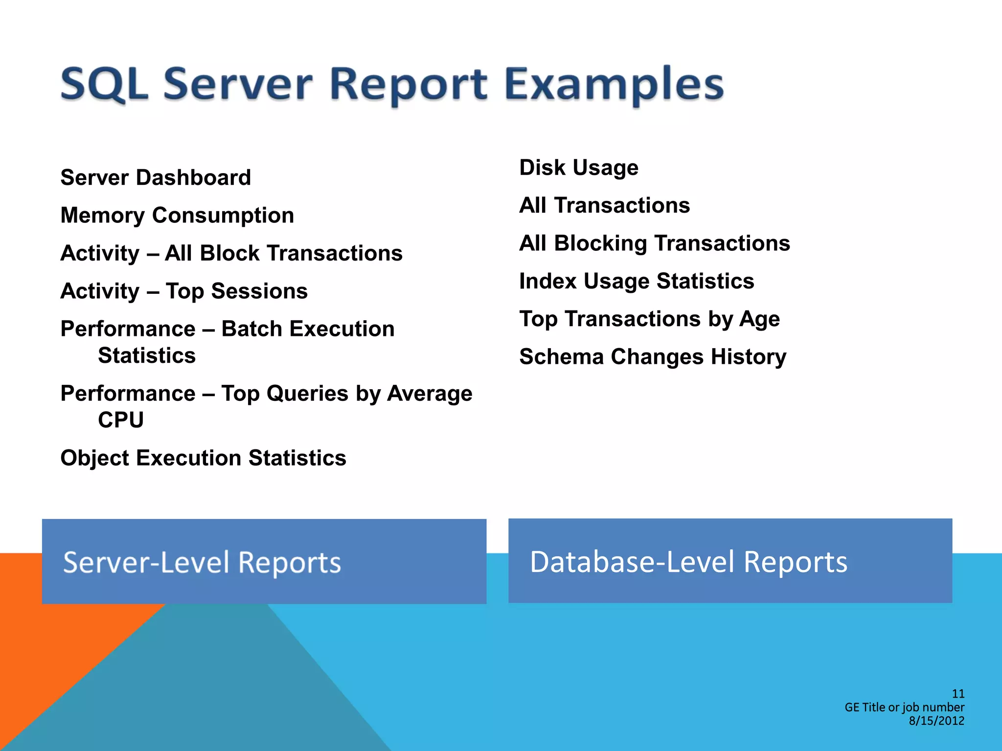 Server Dashboard Disk Usage Memory Consumption All Transactions Activity – All Block Transactions All Blocking Transactions Activity – Top Sessions Index Usage Statistics Performance – Batch Execution Top Transactions by Age Statistics Schema Changes History Performance – Top Queries by Average CPU Object Execution Statistics Database-Level Reports 11 GE Title or job number 8/15/2012 