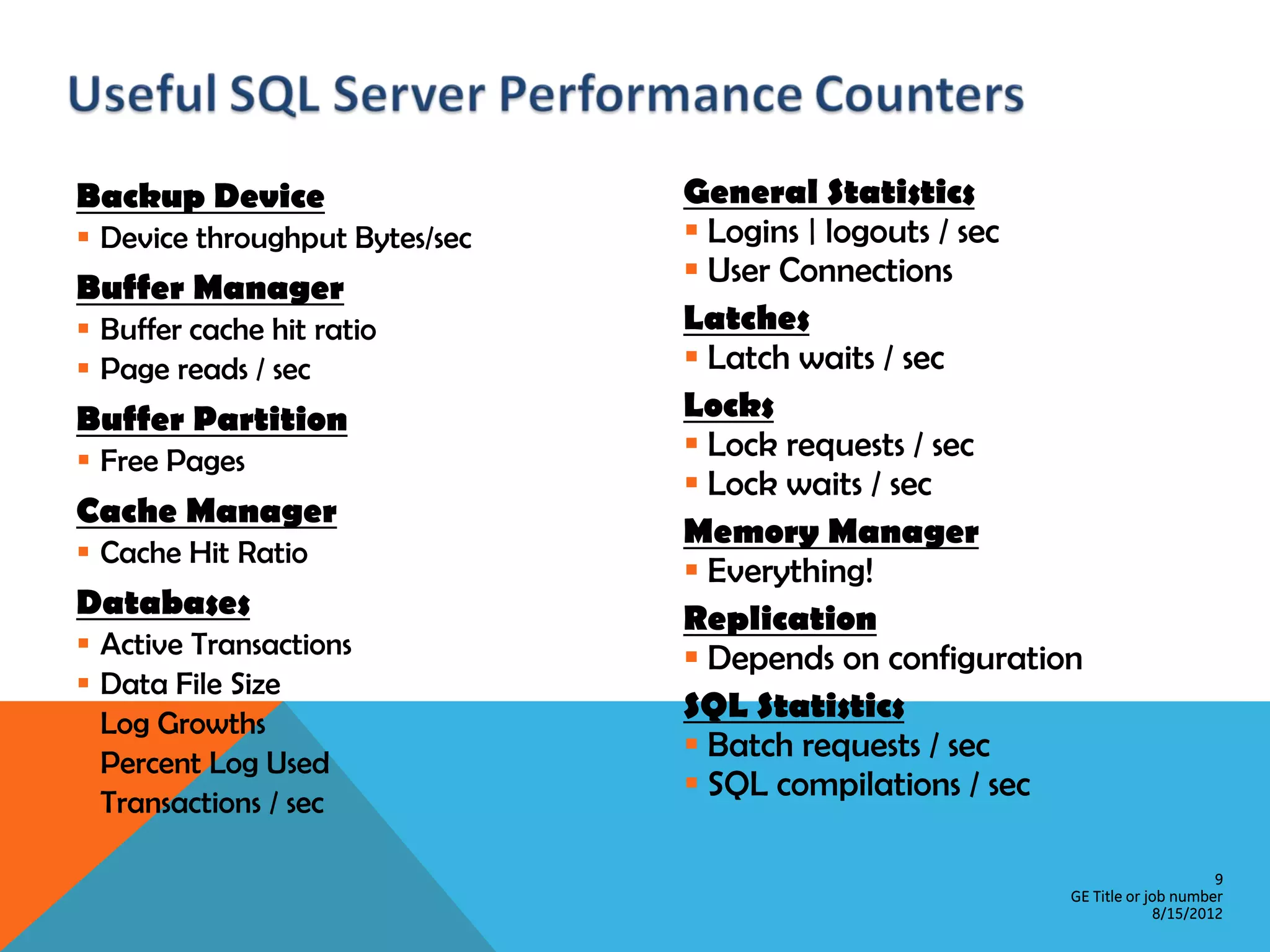 Backup Device General Statistics  Device throughput Bytes/sec  Logins | logouts / sec Buffer Manager  User Connections  Buffer cache hit ratio Latches  Page reads / sec  Latch waits / sec Buffer Partition Locks  Free Pages  Lock requests / sec  Lock waits / sec Cache Manager Memory Manager  Cache Hit Ratio  Everything! Databases Replication  Active Transactions  Depends on configuration  Data File Size  Log Growths SQL Statistics  Percent Log Used  Batch requests / sec  Transactions / sec  SQL compilations / sec 9 GE Title or job number 8/15/2012 