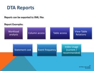 Reports can be exported to XML files

Report Examples:

   Workload                                               View-Table
                     Column access        Table access
   analysis                                                Relations



                                                    Index Usage
         Statement cost       Event frequency        (current /
                                                  recommended)



                                                                                  30
                                                              GE Title or job number
                                                                           8/15/2012
 