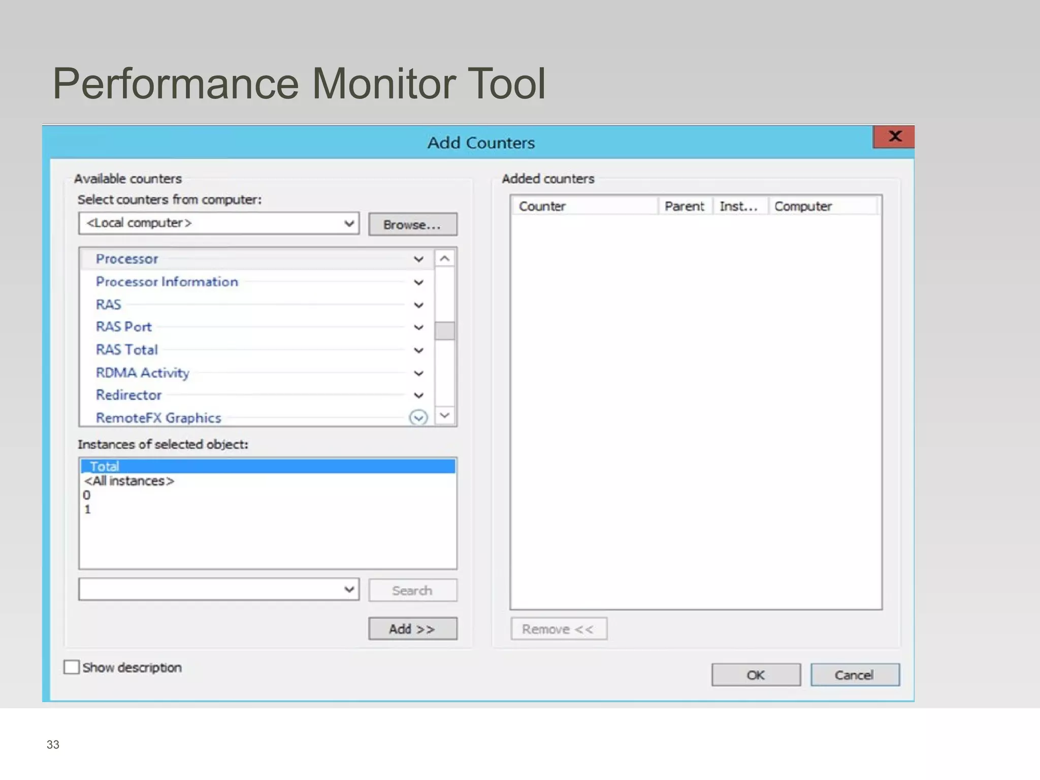 33
Performance Monitor Tool
 