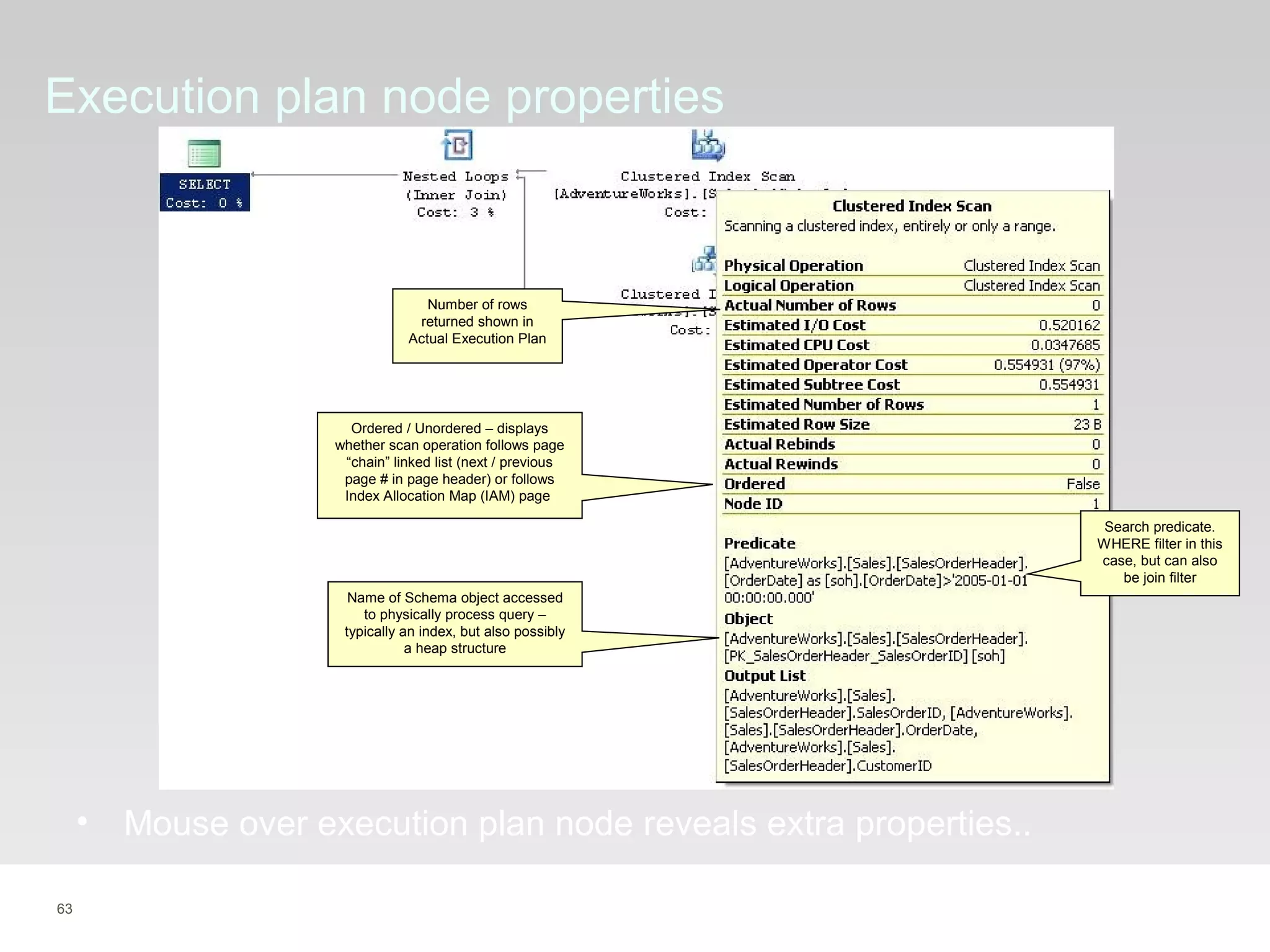 63
Execution plan node properties
• Mouse over execution plan node reveals extra properties..
Search predicate.
WHERE filter in this
case, but can also
be join filter
Number of rows
returned shown in
Actual Execution Plan
Name of Schema object accessed
to physically process query –
typically an index, but also possibly
a heap structure
Ordered / Unordered – displays
whether scan operation follows page
“chain” linked list (next / previous
page # in page header) or follows
Index Allocation Map (IAM) page
 