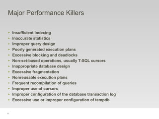 11
Major Performance Killers
‣ Insufficient indexing
‣ Inaccurate statistics
‣ Improper query design
‣ Poorly generated execution plans
‣ Excessive blocking and deadlocks
‣ Non-set-based operations, usually T-SQL cursors
‣ Inappropriate database design
‣ Excessive fragmentation
‣ Nonreusable execution plans
‣ Frequent recompilation of queries
‣ Improper use of cursors
‣ Improper configuration of the database transaction log
‣ Excessive use or improper configuration of tempdb
 