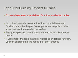 123
Top 10 for Building Efficient Queries
‣ 6. Use table-valued user-defined functions as derived tables.
‣ In contrast to scalar user-defined functions, table-valued
functions are often helpful from a performance point of view
when you use them as derived tables.
‣ The query processor evaluates a derived table only once per
query.
‣ If you embed the logic in a table-valued user-defined function,
you can encapsulate and reuse it for other queries
 