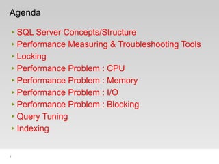 2
Agenda
‣ SQL Server Concepts/Structure
‣ Performance Measuring & Troubleshooting Tools
‣ Locking
‣ Performance Problem : CPU
‣ Performance Problem : Memory
‣ Performance Problem : I/O
‣ Performance Problem : Blocking
‣ Query Tuning
‣ Indexing
 