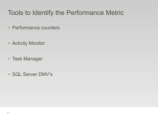 31
Tools to Identify the Performance Metric
‣ Performance counters
‣ Activity Monitor
‣ Task Manager
‣ SQL Server DMV’s
 