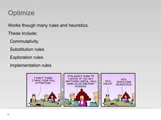 59
Optimize
Works though many rules and heuristics.
These Include:
•Commutativity
•Substitution rules
•Exploration rules
•Implementation rules
 
