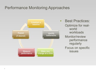 7
‣ Best Practices:
Optimize for real-
world
workloads
Monitor/review
performance
regularly
Focus on specific
issues
Performance Monitoring Approaches
 