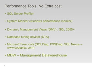 9
Performance Tools: No Extra cost
‣ SQL Server Profiler
‣ System Monitor (windows performance monitor)
‣ Dynamic Management Views (DMV) : SQL 2005+
‣ Database tuning advisor (DTA)
‣ Microsoft Free tools (SQLDiag, PSSDiag, SQL Nexus –
www.codeplex.com)
‣ MDW – Management Datawarehouse
 
