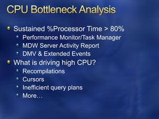 Sustained %Processor Time > 80%
  Performance Monitor/Task Manager
  MDW Server Activity Report
  DMV & Extended Events
What is driving high CPU?
  Recompilations
  Cursors
  Inefficient query plans
  More…
 