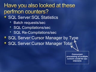 SQL Server:SQL Statistics
  Batch requests/sec
  SQL Compilations/sec
  SQL Re-Compilations/sec
SQL Server:Cursor Manager by Type
SQL Server:Cursor Manager Total

                                 Concurrent
                            processing of multiple
                            cursors could be cpu
                                  intensive
 