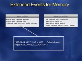 sqlos package                          sqlserver package

• page_heap_memory_allocated             • sort_memory_grant_adjustment
• page_heap_memory_freed                 • plan_cache_cache_hit
• memory_node_oom_ring_buffer_recorded   • plan_cache_cache_attempt
                                         • cursor_manager_cursor_memory_usage




          2009-04-14 09:27:15.43 spid62 Failed allocate
          pages: FAIL_PAGE_ALLOCATION 1
 
