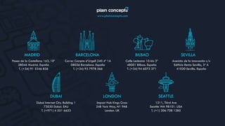 www.plainconcepts.com
MADRID
Paseo de la Castellana 163, 10º
28046 Madrid. España
T. (+34) 91 5346 836
BILBAO
Calle Ledesma 10-bis 3º
48001 Bilbao. España
T. (+34) 94 6073 371
BARCELONA
Carrer Compte d’Urgell 240 4º 1A
08036 Barcelona. España
T. (+34) 93 7978 566
SEVILLA
Avenida de la innovación s/n
Edificio Renta Sevilla, 3º A
41020 Sevilla. España
DUBAI
Dubai Internet City. Building 1
73030 Dubai. EAU
T. (+971) 4 551 6653
LONDON
Impact Hub Kings Cross
24B York Way, N1 9AB
London. UK
SEATTLE
1511, Third Ave
Seattle WA 98101. USA
T. (+1) 206 708 1285
 
