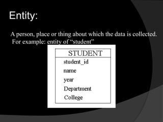 Entity:
A person, place or thing about which the data is collected.
For example: entity of “student”
 