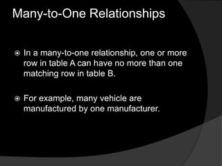 Many-to-One Relationships
 In a many-to-one relationship, one or more
row in table A can have no more than one
matching row in table B.
 For example, many vehicle are
manufactured by one manufacturer.
 