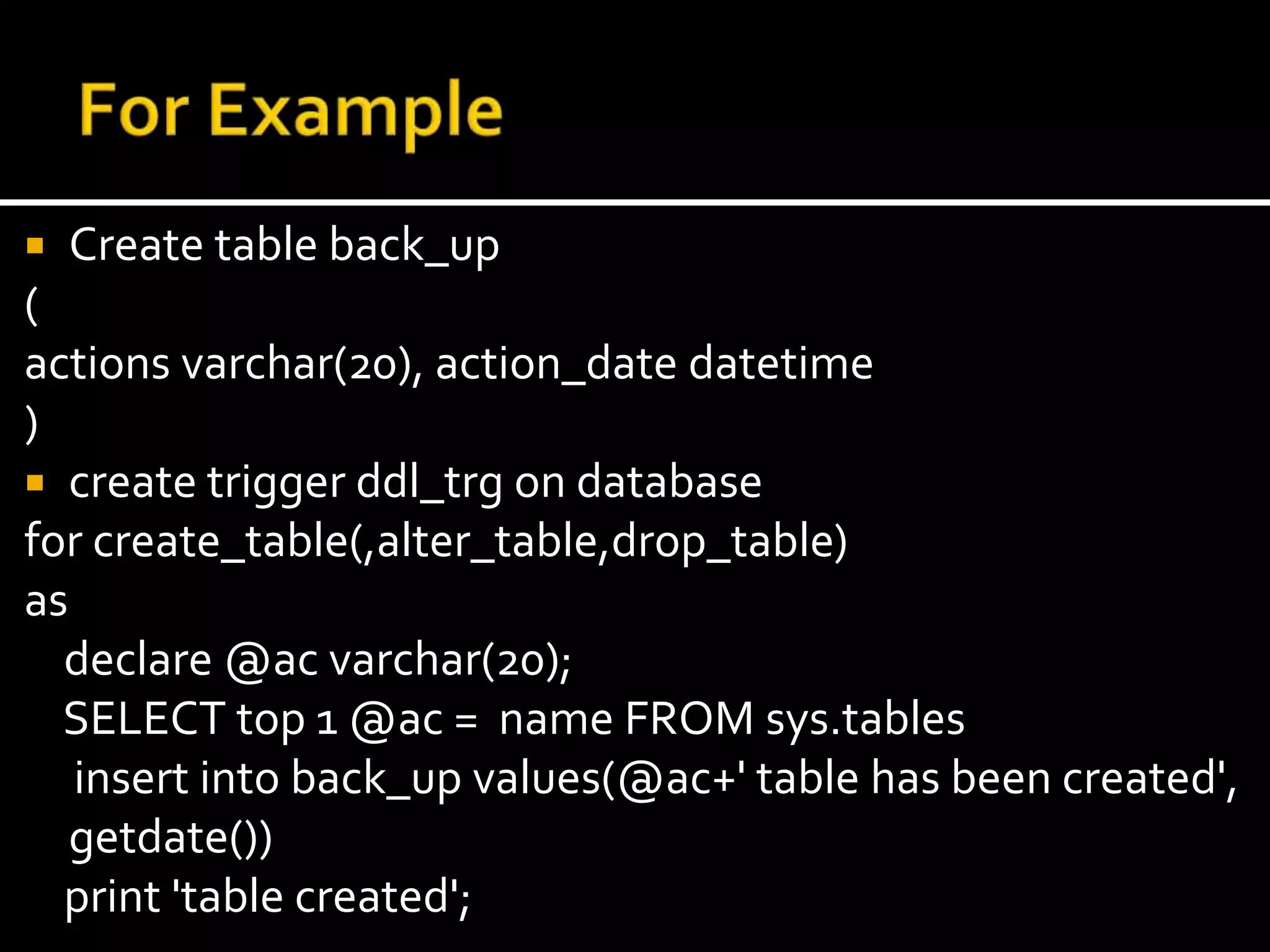  Create table back_up
(
actions varchar(20), action_date datetime
)
 create trigger ddl_trg on database
for create_table(,alter_table,drop_table)
as
declare @ac varchar(20);
SELECT top 1 @ac = name FROM sys.tables
insert into back_up values(@ac+' table has been created',
getdate())
print 'table created';
 