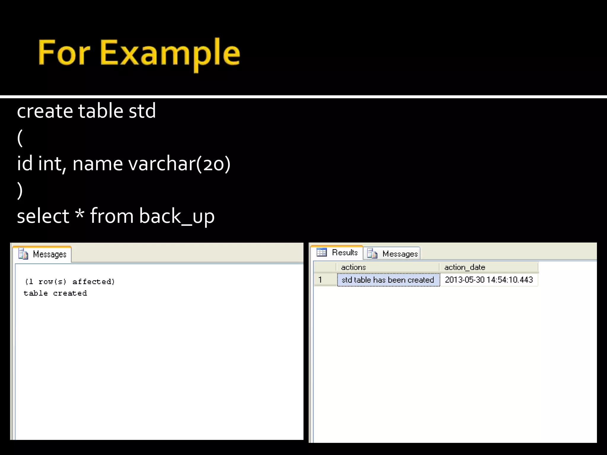 create table std
(
id int, name varchar(20)
)
select * from back_up
 