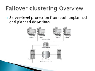 Failover clustering OverviewServer-level protection from both unplanned and planned downtime.